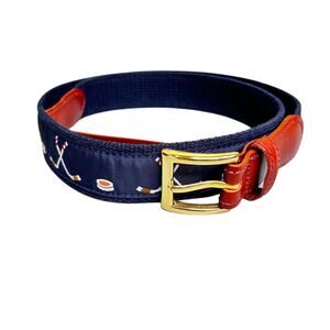 Leather Man Ltd. Genuine Leather Blue Canvas Hockey Theme Belt Size 34